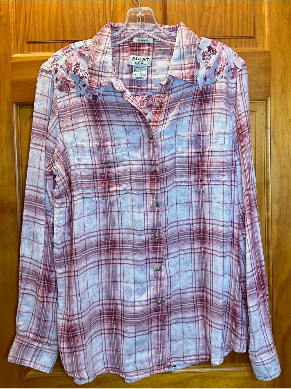 Ariat REAL Women’s Sz L Western Shirt- Rose on Ivory- Plaid & Floral
